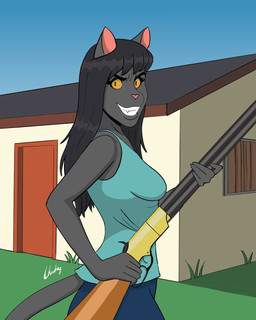 anthro black_hair bottomwear building clothing ears_up eyebrows eyelashes female fur grey_body grey_fur gun hair house looking_at_viewer pants ranged_weapon shirt smile smiling_at_viewer solo tail tank_top teeth teeth_showing topwear weapon yellow_eyes chisheq domestic_cat felid feline felis mammal 4:5 hi_res
