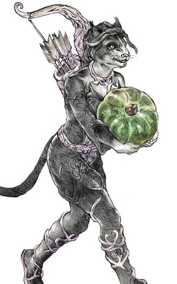 anthro arrow_(weapon) bow_(weapon) dark_body dark_fur female food fruit fur piercing plant pumpkin ranged_weapon simple_background solo weapon white_background yellow_eyes tomato_(artist) microsoft the_elder_scrolls ember_(eso) felid khajiit mammal