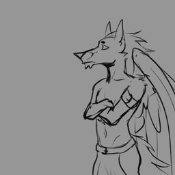 anthro beard bottomwear clothing crossed_arms facial_hair feathered_wings feathers loincloth male wings vaxhunt canid canine dire_wolf mammal prehistoric_species 1:1 animated hi_res loop monochrome sketch