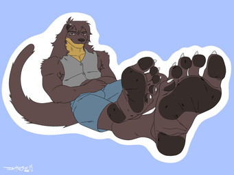 5_toes anthro armpit_hair barefoot blue_background blue_clothing body_hair bottomwear brown_body brown_fur bulge claws clothed clothing crushed_micros extreme_size_difference feet foot_fetish foot_focus foot_play fur grey_clothing group hair humanoid_feet larger_anthro larger_male macro male male_anthro micro pawpads paws plantigrade shirt shorts simple_background size_difference soles solo stuck_to_foot tail toe_claws toes topwear yellow_body patoso mammal mustelid otter 4:3 hi_res