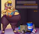 anthro belly big_belly big_breasts blonde_hair blue_eyes breasts clothed clothing dialogue eyeshadow feet female food fur hair hindpaw huge_belly huge_breasts hyper hyper_belly hyper_pregnancy leggings legwear makeup open_mouth overweight overweight_anthro overweight_female paws pregnant pregnant_anthro pregnant_female purple_eyeshadow simple_background solo text thick_thighs topwear underwear wide_hips captainelderly activision spyro_the_dragon bianca_(spyro) lagomorph leporid mammal rabbit digital_drawing_(artwork) digital_media_(artwork) english_text hi_res shaded