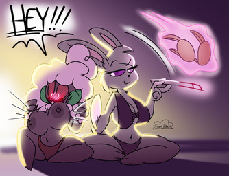 anthro assisted_exposure big_breasts blush bra breasts cigarette cleavage clothed clothing dialogue duo embarrassed exposed_breasts female fur grey_body grey_nipples hair magic navel nipples open_mouth panties plant purple_sclera red_sclera simple_background tail text topwear underwear white_eyes white_hair unfortu-nate nintendo pokemon kernel_(unfortu-nate) minnie_(unfortu-nate) elemental_creature flora_fauna generation_5_pokemon minccino pokemon_(species) whimsicott 2022 digital_media_(artwork) english_text