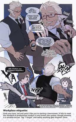 accessory blonde_hair brown_hair eyewear female glasses group hair male male/male necktie shoulder_massage tail tail_pull text trio poggerab lifewonders live_a_hero female_operator huckle male_operator human humanoid mammal english_text hi_res