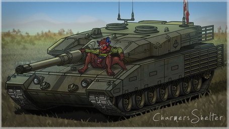 andromorph anthro armored_vehicle brown_body brown_fur canadian_flag cannon eyewear fur genitals glasses hand_on_weapon intersex machine maple_leaf military_jacket paws presenting presenting_vulva ranged_weapon sitting_on_vehicle smile solo spread_legs spreading tank_(vehicle) tracked_vehicle turret vehicle vulva weapon wearing_jacket charmersshelter leopard_2 p3p51 protogen 16:9 hi_res widescreen nonbinary_(lore) trans_(lore) trans_man_(lore)