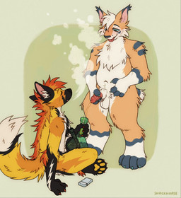 animal_genitalia animal_penis anthro blep bodily_fluids bong drugs duo feline_genitalia feline_penis fur genital_fluids genitals male male/male marijuana orange_body orange_fur paws peeing penis smoking substance_intoxication tongue tongue_out urine watersports yellow_body yellow_fur snackhorse scooze_flynx thunder_fox canid canine felid feline fox lynx mammal maned_wolf hi_res