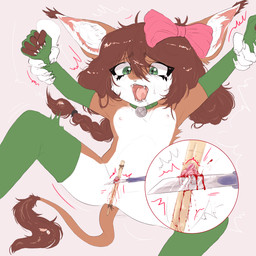 anthro arm_grab blood bodily_fluids bow_tie brown_hair chopsticks circumcision clitoridectomy clothing collar cutting female genital_mutilation genital_torture gore green_eyes hair hand_warmers inner_ear_fluff leg_warmers legwear mutilation pussy_circumcision restrained simple_background solo tuft young young_anthro gorebunny jinx_mckenzie hi_res