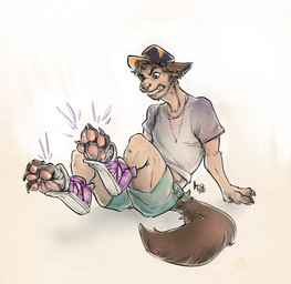 bottomwear brown_body brown_fur clothing demi_transformation fur growth hat headgear headwear jewelry male midriff pawpads paws pink_pawpads pointy_ears prick_ears shoe_burst shorts simple_background solo tail tail_growth transformation hawktrap canid canine canis domestic_dog mammal