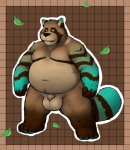 animal_genitalia anthro balls big_balls flaccid genitals leaf male nude overweight overweight_anthro overweight_male penis sheath small_penis solo kronexfire canid canine mammal raccoon_dog tanuki