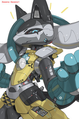ambiguous_anthro ambiguous_gender anthro bar_emanata biped black_body black_sclera blue_arms blue_eyes emanata eyebrows eyewear facial_markings head_markings looking_at_viewer markings pose pupils qr_code simple_background solo text yellow_body xezeno nintendo pokemon canid canine generation_4_pokemon generation_9_pokemon lucario mammal mega_evolution mega_lucario_z pokemon_(species) robot_anthro 2026 artist_name colored detailed digital_drawing_(artwork) digital_media_(artwork) hi_res portrait shaded signature three-quarter_portrait