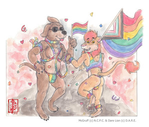 anthro clothing collar confetti duo eyewear flag harness jockstrap kerchief leash lgbt_pride male male/male mane open_mouth parade pride pride_color_flag pride_colors shirt sunglasses tail tank_top tongue tongue_out topwear underwear wrist_warmers fennec_(artist) d.a.r.e. lgbt_pride_month daren_the_lion mcgruff_the_crime_dog canid canine canis domestic_dog felid lion mammal pantherine painting_(artwork) traditional_media_(artwork) watercolor_(artwork)