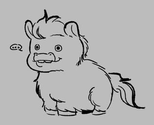 ambiguous_feral ambiguous_gender buckteeth ellipsis feral hair hooves mouth_closed smile solo speech_bubble standing tail teeth young young_ambiguous young_feral botones fluffy_pony fluffy_pony_(species) mammal 2026 digital_media_(artwork) monochrome