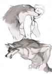 2017 ambiguous_gender anthro blue_eyes canid canine canis digital_media_(artwork) duo embrace eyes_closed fur green_eyes grey_body grey_fur hair hug human jewelry kikurage male male/ambiguous mammal necklace open_mouth side_view white_body white_fur wolf