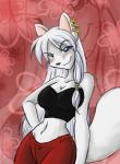 anthro black_nose blue_eyes blush breasts cleavage clothed clothing ear_piercing female fur hair midriff navel piercing solo white_body white_fur white_hair cherushi kumori_(cheru) canid canine canis mammal wolf 2008