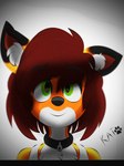 anthro black_body black_fur brown_hair close-up clothed clothing collar female footprint fur green_eyes grey_background hair orange_body orange_fur pawprint shirt simple_background smile solo tank_top topwear white_body white_fur lotusshade canid canine fox mammal 3:4 hi_res