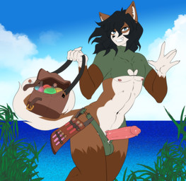 5_fingers anthro biped black_hair brown_body brown_fur countershade_fur countershade_tail countershade_torso countershading erection femboy fingers fur genitals glans gloves_(marking) hair humanoid_genitalia humanoid_penis male markings navel penis plant potion satchel solo tail munkeesgomu oro_(ungoliant) canid canine canis domestic_dog mammal hi_res