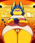 anthro big_breasts bottomless breasts clothed clothing crossed_arms eyebrows female front_view genitals hair looking_at_viewer low-angle_view pussy solo wide_hips pakaproductions animal_crossing nintendo ankha_(animal_crossing) domestic_cat felid feline felis mammal 2022 digital_media_(artwork) hi_res