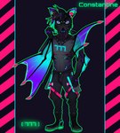 anthro areola biped clothed clothing cyberpunk ear_piercing glowing industrial_piercing machine male male_anthro neon nipple_outline piercing plantigrade ringed_eyes solo streetwear synthetic tattoo techwear topless topless_anthro topless_male wings greaserdemon android bat flying_fox mammal megabat robot robot_anthro hi_res