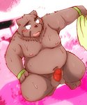 anthro balls belly blush bodily_fluids brown_body brown_fur erection eyes_closed fur genitals kemono male moobs navel nipples overweight overweight_anthro overweight_male penis solo sweat snow_utamaru bear mammal 2013 5:6