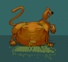 abdominal_bulge collar collar_only collar_tag digestion digestion_noises feral fur half-closed_eyes male mostly_nude mostly_nude_male narrowed_eyes nude nude_male open_mouth paws raised_tail side_view soft_vore solo tail teeth tongue vore scudmum hanna-barbera scooby-doo_(series) scooby-doo canid canine canis domestic_dog great_dane mammal mastiff molosser 2026 hi_res