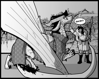 armor claws clothing duo ears_down female feral gesture hair hand_gesture horn male melee_weapon pattern_clothing pivoted_ears pointing pointing_at_another polearm profanity raised_arms spear speech_bubble weapon wings labjer mythology sandra_(labjer) dragon human mammal mythological_creature mythological_scalie scalie monochrome