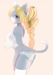 2014 anthro biped blonde_hair blue_eyes breasts clothed clothing domestic_cat eyelashes felid feline felis female hair kemono kiichi legwear long_hair looking_at_viewer mammal panties simple_background skimpy solo standing stockings translucent translucent_clothing underwear