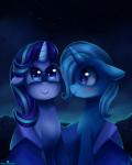 bedding blanket blue_eyes duo eyelashes female feral hair long_hair multicolored_hair night outside purple_eyes smile star two_tone_hair verawitch friendship_is_magic hasbro my_little_pony starlight_glimmer_(mlp) trixie_(mlp) 2017