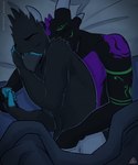anthro beak bed black_body clothing cuddling duo eyes_closed feathers fur furniture hand_in_underwear horn hug lying male male/male simple_background underwear prismanoodle_(artist) european_mythology mythology beyn pertinax avian bird corvid corvus_(genus) dragon mythological_creature mythological_scalie oscine passerine raven scalie western_dragon hi_res