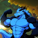 abs anthro blue_body flexing flexing_bicep forest forest_background male muscular muscular_arms muscular_male nature nature_background nude_male plant smile solo tail tree ai_assisted ai_generated_background vdl1 mythology flinn_(vdl1) dragon mythological_creature mythological_scalie scalie 1:1 2023 digital_media_(artwork)