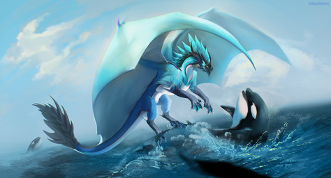 blue_body claws fantasy feral fin flying horn leg_markings male markings membrane_(anatomy) membranous_wings open_mouth paws raised_tail scales scenery sea smile solo spread_legs spread_wings spreading tail teeth tongue water wings yellow_eyes slappyshottest mythology tarridus dragon mythological_creature mythological_scalie scalie hi_res