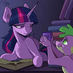 book chest_tuft container cup duo ear_tuft fangs female feral horn male male/female mug teeth tired_eyes tuft bonedigger0 friendship_is_magic hasbro my_little_pony mythology spike_(mlp) twilight_sparkle_(mlp) dragon equid equine mammal mythological_creature mythological_equine mythological_scalie scalie unicorn 1:1 hi_res