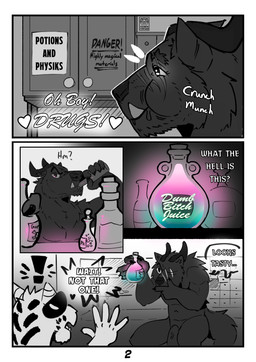 anthro chugging dialogue drawer duo exclamation_point facial_scar fur genitals glowing horn magic male male/male muscular onomatopoeia penis potion potion_bottle profanity scar smile sound_effects tail teeth text tusks picantetortuga dumb_bitch_juice mythology darius_(picantetortuga) juno_(picantetortuga) canid canine canis felid mammal mythological_canine mythological_creature pantherine tiger werecanid werecanine werecreature wolf absurd_res comic digital_media_(artwork) english_text hi_res