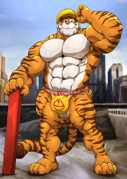 abs anthro armor barefoot biceps big_muscles biped black_claws brown_body brown_eyes brown_fur brown_stripes brown_tail building bulge city claws clothed clothing construction_worker detailed_background detailed_bulge feet front_view fur genital_outline hard_hat headgear helmet huge_muscles jockstrap long_tail looking_at_viewer male markings multicolored_body multicolored_skin muscular muscular_anthro muscular_arms muscular_legs muscular_male navel orange_body orange_fur orange_skin orange_tail outside pecs penis_outline pink_nose pose raised_arm sky smile solo standing striped_markings striped_tail stripes tail tail_markings text toe_claws toes topless underwear unprofessional_behavior white_body white_fur white_skin worker grisser steve_(bahamut6sic6) felid mammal pantherine tiger 2017 english_text full-length_portrait hi_res portrait
