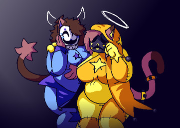 anthro bell big_breasts blush bottom_heavy bottomwear breasts button_(fastener) clothing clown duo five_pointed_star fool's_hat four_pointed_star frown gloves gynomorph halo hand_on_face hand_on_shoulder handwear hat headgear headwear horn intersex jester lipstick makeup mask overweight overweight_gynomorph overweight_intersex patch_(fabric) robe skirt slightly_chubby slightly_chubby_gynomorph slightly_chubby_intersex small_breasts smile star stitch_(sewing) thick_thighs thin_thighs top_heavy felineflustered acid_(felineflustered) amber_(felineflustered) angel demon domestic_cat felid feline felis mammal