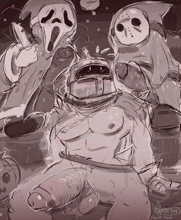 anthro armor balls belt big_penis clothing cosplay food fruit gauntlets genitals gloves group handwear headgear headgear_only helmet helmet_only holidays jack-o'-lantern knife male male/male mask moon muscular nipples outside penis plant pumpkin shell star surrounded_by_penises tail tree trio fisherkitu dark_souls friday_the_13th_(series) fromsoftware halloween mario_bros nintendo scream_(films) ghostface_(scream) jason_voorhees solaire_of_astora bandit_(mario) koopa koopatrol scalie shyguy hi_res