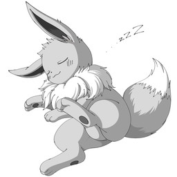 :3 ambiguous_gender blush dipstick_tail eyes_closed featureless_crotch feral head_tuft lying markings neck_tuft on_side paws raised_leg sleeping smile solo sound_effects tail tail_markings tuft vowelless vowelless_sound_effect zzz noye nintendo pokemon eevee generation_1_pokemon pokemon_(species) 1:1 2025 digital_drawing_(artwork) digital_media_(artwork) greyscale hi_res monochrome
