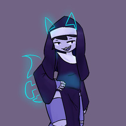 ambiguous_gender anthro clothing glowing glowing_body glowing_through_clothes holographic_ears holographic_tail machine nun nun_habit nun_outfit purple_body purple_eyes purple_skin purple_tongue religious_clothing segmented_body sharp_teeth simple_background smug smug_grin solo teeth tongue e-rar403 robonya felid feline humanoid mammal robot robot_humanoid 1:1