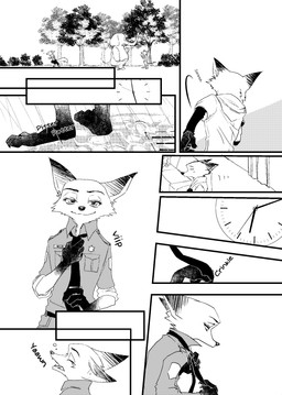 accessory ambiguous_gender anthro clock clothing exercise looking_at_viewer male necktie police police_uniform running solo text uniform atlantica0208 disney zootopia nick_wilde canid canine fox mammal red_fox true_fox absurd_res black_and_white comic english_text hard_translated hi_res monochrome translated
