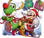 blue_eyes christmas_clothing christmas_headwear clothing duo facial_hair footwear gift gloves handwear hat headgear headwear holidays male open_mouth open_smile santa_hat sled smile snow gonzarez1938 christmas mario_bros nintendo mario green_yoshi human mammal yoshi 2019