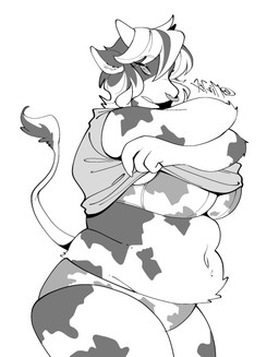 anthro belly big_breasts black_body black_fur black_hair bra breasts clothed clothing clothing_lift cow_print_underwear eyelashes facial_piercing female fur hair horn love_handles markings multicolored_hair navel nose_piercing nose_ring overweight overweight_anthro overweight_female panties piercing ring_piercing shirt shirt_lift simple_background slightly_chubby slightly_chubby_anthro slightly_chubby_female solo spots spotted_body spotted_fur tail topwear underwear undressing white_background white_body white_fur white_hair mochimochiland bovid bovine cattle mammal greyscale hi_res monochrome
