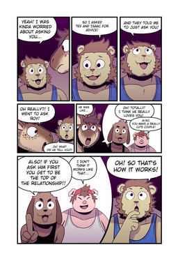 anthro backwards_baseball_cap backwards_hat bad_advice baseball_cap black_clothing black_shirt black_topwear blue_clothing blue_shirt blue_topwear blush brown_body brown_fur brown_hair clothing dialogue eye_contact eyes_closed floppy_ears fur grey_clothing grey_shirt grey_topwear group hair hand_on_mouth happy hat headgear headwear horn long_ears looking_at_another male name_in_dialogue ossicone pink_body shirt speech_bubble tank_top text topwear t0l0k andrew_(t0l0k) octavio_(t0l0k) roy_(t0l0k) scott_(t0l0k) canid canine canis domestic_dog domestic_pig felid giraffe giraffid lion mammal pantherine suid suine sus_(pig) comic english_text hi_res multiple_scenes