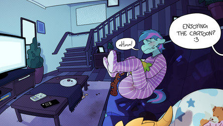 :3 anthro anthro_pov blort blue_body blue_fur blue_hair blue_tail blush clothed clothing crumbs crumbs_on_face detailed_background dialogue diaper diaper_blowout diaper_under_clothing diaper_under_onesie duo electronics eyes_closed feces feces_blowout first_person_view fur furniture hair holding_object holding_plushie leaking leaking_diaper leaking_feces legs_up male male_pov on_sofa onesie onomatopoeia plushie pooping purple_body purple_fur purple_hair purple_onesie purple_tail sitting sitting_on_sofa smile sofa soiled_diaper soiling soiling_diaper sound_effects speech_bubble stained_clothing stairs tail television television_remote text unclean_diaper used_diaper using_diaper watching_television wearing_diaper amomon game_boy game_boy_family nintendo day_(daydreamed) amphibian aquatic axolotl equid equine horse mammal mole_salamander salamander english_text hi_res