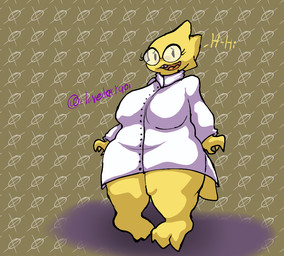 anthro big_breasts breasts claws clothed clothed_anthro clothed_female clothing eyewear female female_anthro front_view glasses nerd nipple_outline nipples non-mammal_breasts non-mammal_nipples overweight overweight_anthro overweight_female partially_clothed slightly_chubby slightly_chubby_anthro slightly_chubby_female solo tail thick_thighs wide_hips clovedex undertale_(series) alphys scalie 2025 digital_media_(artwork) full-length_portrait portrait