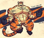 abs anthro blue_stripes fur male markings muscular muscular_male orange_body orange_fur pecs solo spread_arms striped_body striped_fur stripes jasperthecrab felid feline mammal pantherine tiger hi_res