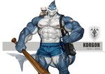 abs anthro bag baseball_bat bat_(object) biceps blue_body bottomwear clothing duo eyewear fin male muscular muscular_anthro muscular_male nipples pecs scar shorts smile sunglasses teeth vein veiny_muscles traver009 alchemy_stars korgon_(alchemy_stars) domestic_cat felid feline felis fish mammal marine shark absurd_res hi_res