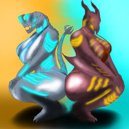 anthro ass_to_ass beak big_breasts big_butt bikini bioluminescence blue_bikini blue_clothing blue_eyes blue_swimwear breasts butt clothing crossgender crouching duo female folded_wings glistening glistening_breasts glistening_butt glowing glowing_breasts glowing_eyes glowing_horn glowing_markings glowing_mouth glowing_tail glowing_throat glowing_tongue grey_body grey_scales head_crest horn huge_breasts markings non-mammal_breasts orange_bikini orange_clothing orange_eyes orange_swimwear orange_tongue red_body red_scales scales swimwear tail thick_thighs tongue two-piece_swimsuit wings toxicfiremc european_mythology mythology pacific_rim toho otachi rodan_(toho) alien dragon kaiju mythological_creature mythological_scalie prehistoric_species pterosaur reptile scalie western_dragon wyvern 1:1 hi_res