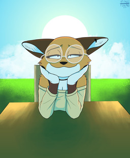 anthro chair clothing countershading ear_piercing eyewear female fur furniture glasses grass inner_ear_fluff light looking_at_viewer orange_body orange_fur piercing plant sky smile smiling_at_viewer solo sun table tuft white_body white_fur a9ymus other_side rey_(animatedmau) canid canine fox mammal 2024 absurd_res digital_media_(artwork) hi_res lighting shaded