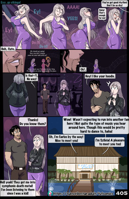 blue_eyes blush breasts brown_eyes butt cellphone cleavage clothed clothed_female clothed_male clothing coat dancing dialogue dress electronics female group hoodie human_only male male/female not_furry phone rear_view stubble text topwear fuf carlos_(fuf) szvilvia human mammal absurd_res comic english_text hi_res