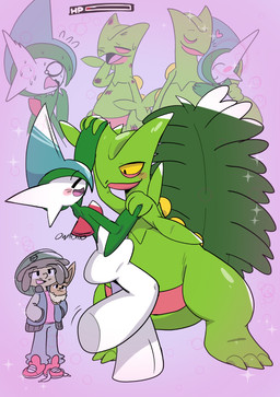 anthro blush dancing group hug love male male/male romantic owen_nyo nintendo pokemon pokemon_trainer eevee gallade generation_1_pokemon generation_3_pokemon generation_4_pokemon human mammal pokemon_(species) sceptile hi_res