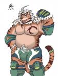 anthro biped bottomwear bulge clothing fur hair male markings musclegut muscular muscular_anthro muscular_male slightly_chubby solo striped_body striped_fur striped_markings striped_tail stripes tail tail_markings vhubnh3 lifewonders tokyo_afterschool_summoners hombre_tigre_(tas) felid mammal pantherine tiger 2019 hi_res signature