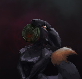 ambiguous_gender anthro black_body black_ears black_fur dangerous dipstick_tail ears_back explosive_mines explosives female fluffy fluffy_chest fur hands_together happy light looking_away markings orange_sclera orange_tail_tip pivoted_ears simple_background smile solo tail tail_markings weapon apelairplane casualties:_unknown expie_(gunsawian) gunsawian lighting shaded simple_shading